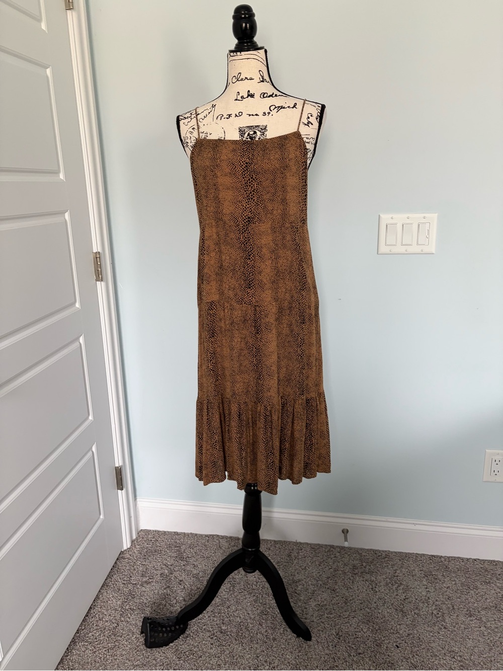 Spaghetti Strap Tiered Brown Snake-Print Dress